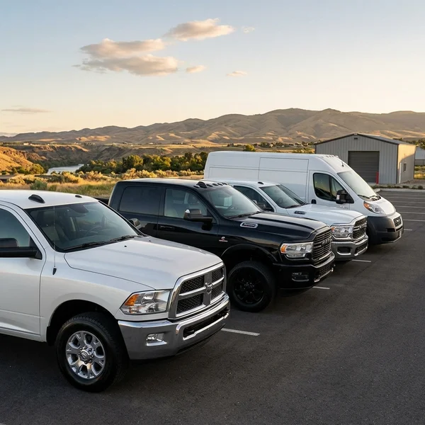 Fleet of contractor work trucks detailed