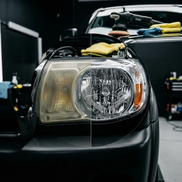 Headlight restoration on pickup truck before/after